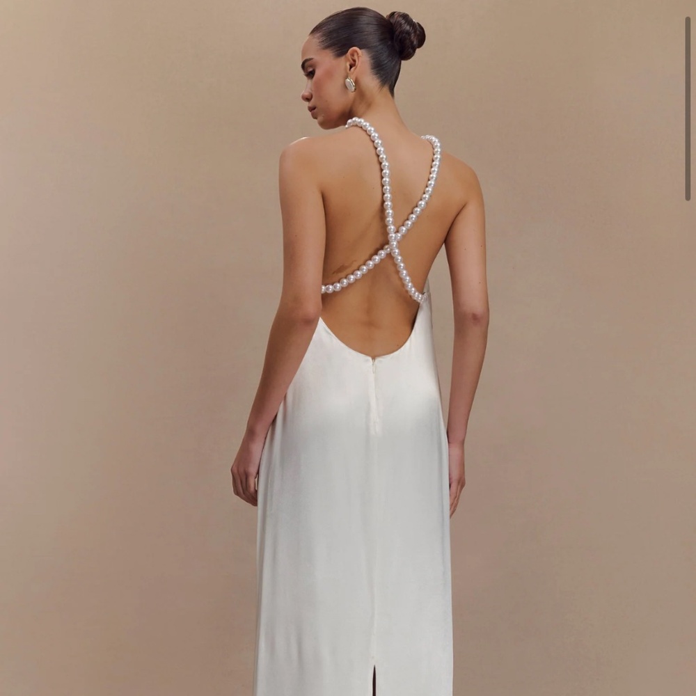 Meshki Blanche Satin Pearl Halter Maxi Dress